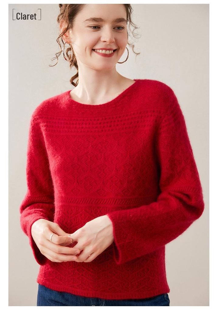 2026 Spring/Fall Thickened Cashmere Hollow Round Neck Knitted Sweater - Versatile Red Crochet Base Layer