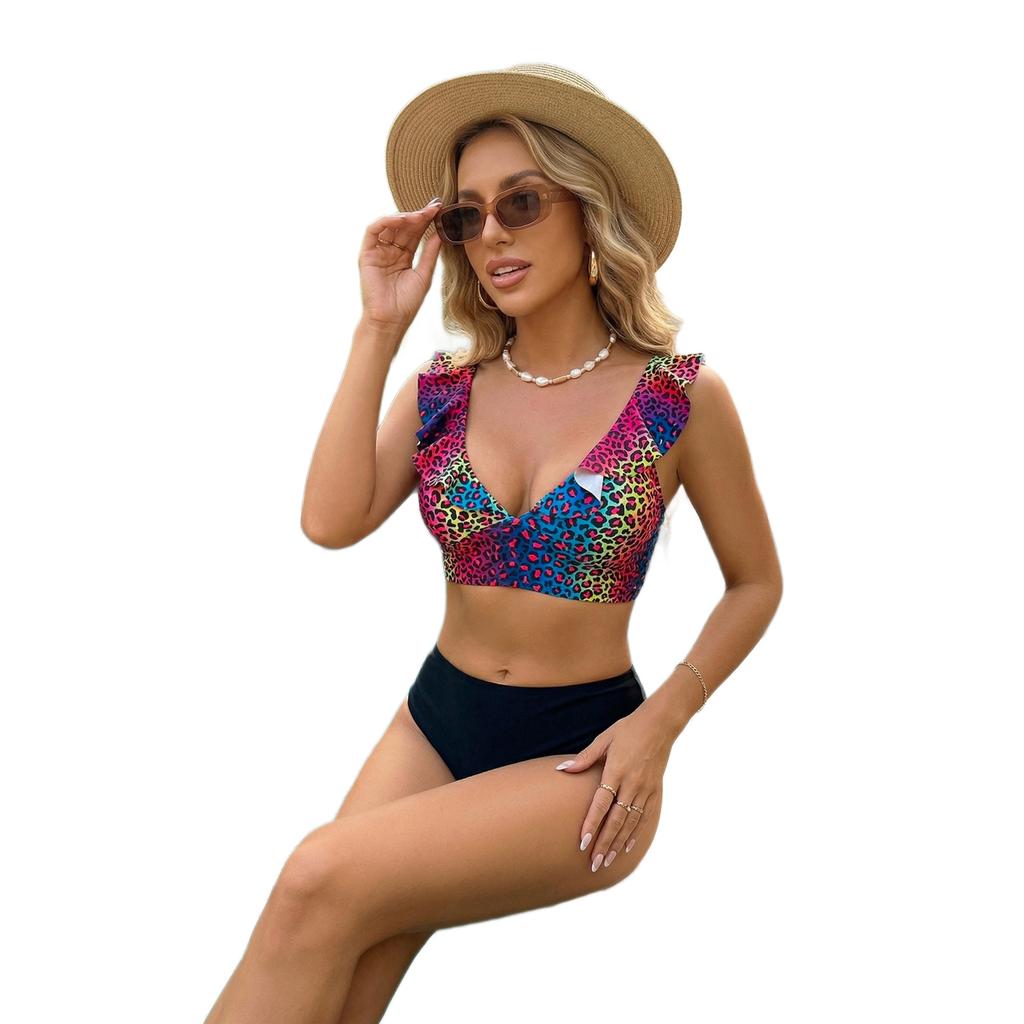 Neuer Europäischer und Amerikanischer Leopardenmuster Bikini Getrennter Badeanzug Damen Sexy Babes Hohe Taille Zweiteiliges Set