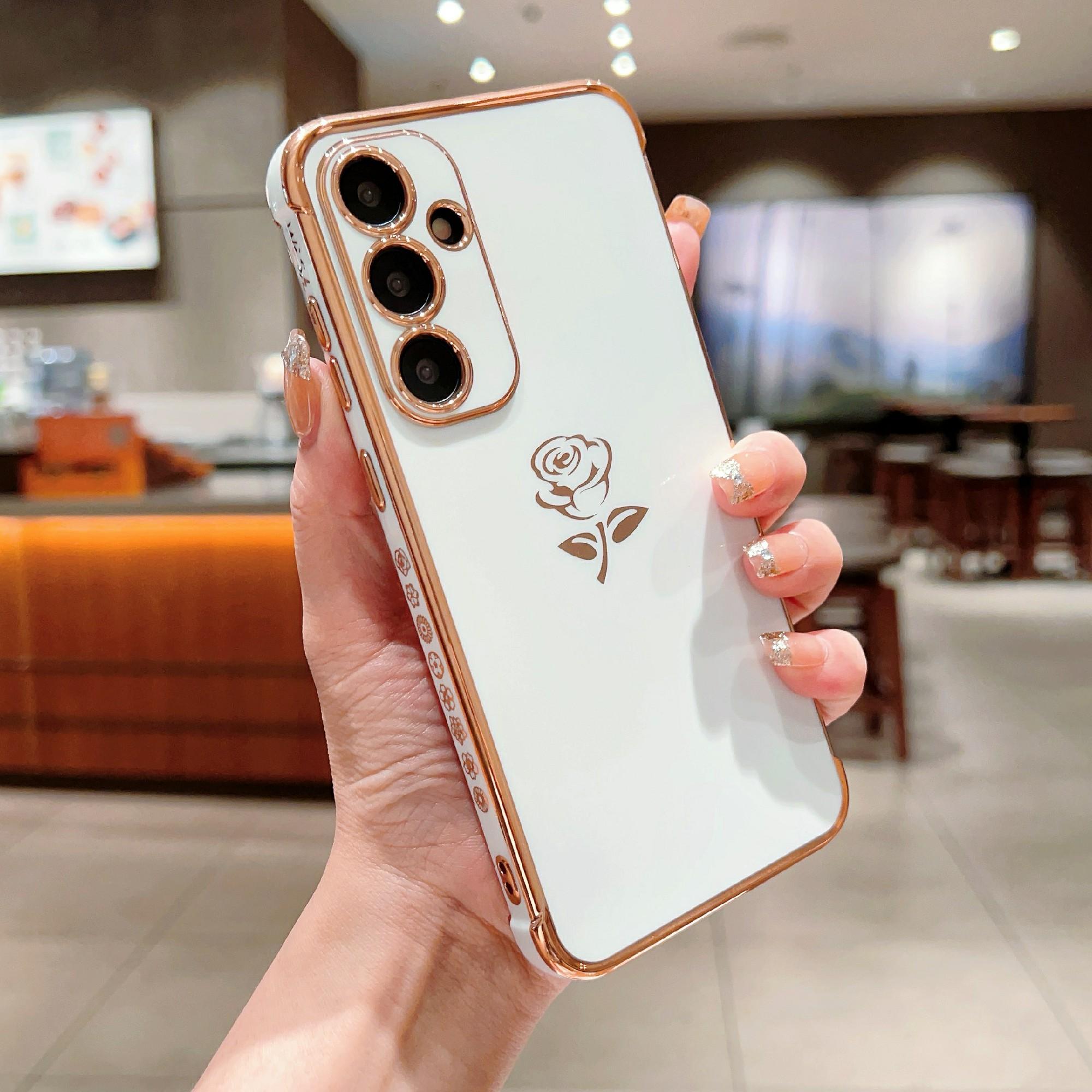 

For Samsung Galaxy A55 5G Case Electroplating Edge Rose Pattern TPU Phone Back Cover Airbag Drop Proof C