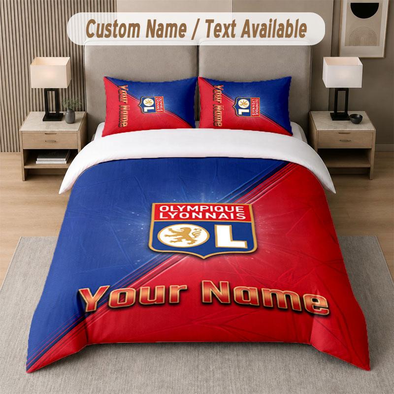 Custom Bedding Set Lyon FC Pattern, Print Name Text 1 Duvet Cover plus 2 Pillowcases Home Textile