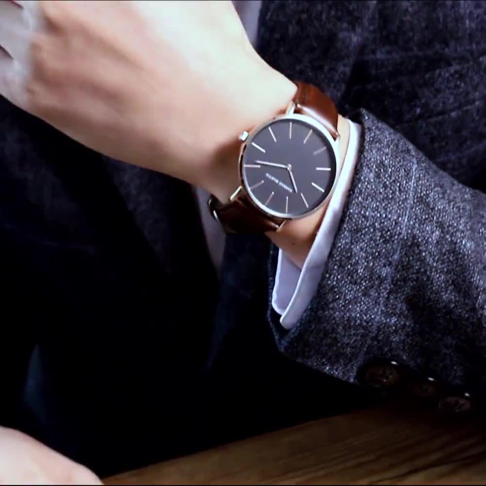 Herren Dünne Wasserdichte Quarzuhr, Europäische & Amerikanische Mode, Lässiges Lederarmband