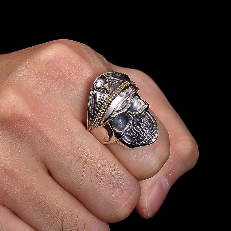 Retro Colored Navy Officer Skull Ring For Men Punk Gothic Rock Hiphop Open Ring Biker Accessories Handmade Zircon Unisex Gift