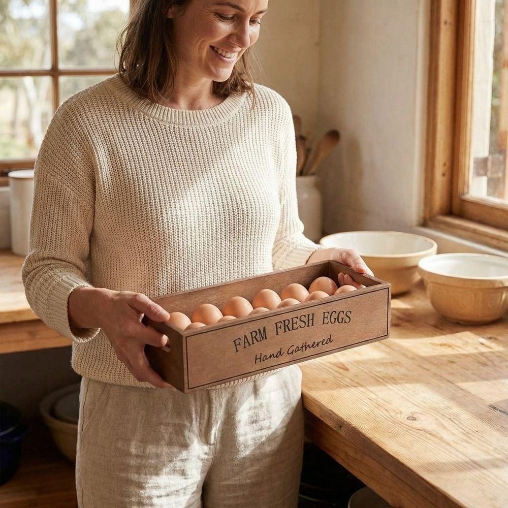 Open-Top Lid Wood Egg Case Large Capacity Rustic Egg Storage Box Space Saving Wooden Egg Display Crates Farmhouse Use