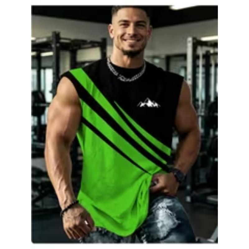 Herren Plus Size Schwarz-Grün Kontraststreifen Ärmelloses T-Shirt - Lockerer Schnitt Sommer Fitnessstudio & Freizeit