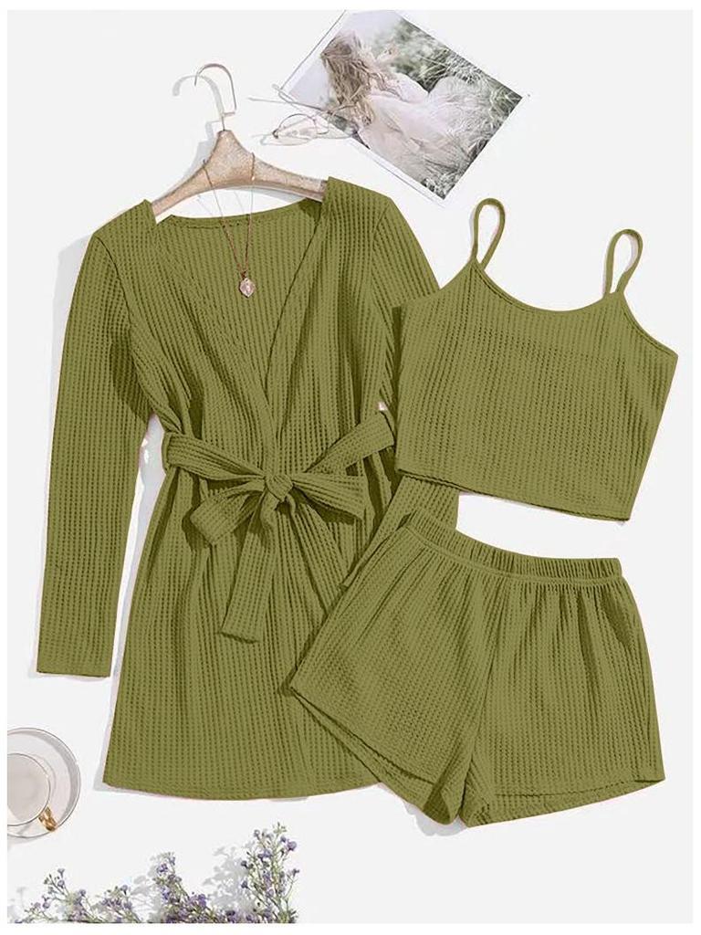 Three-Piece Women's Waffle Knit Lounge Set: Camisole, Shorts, and Outer Robe Pajamas
