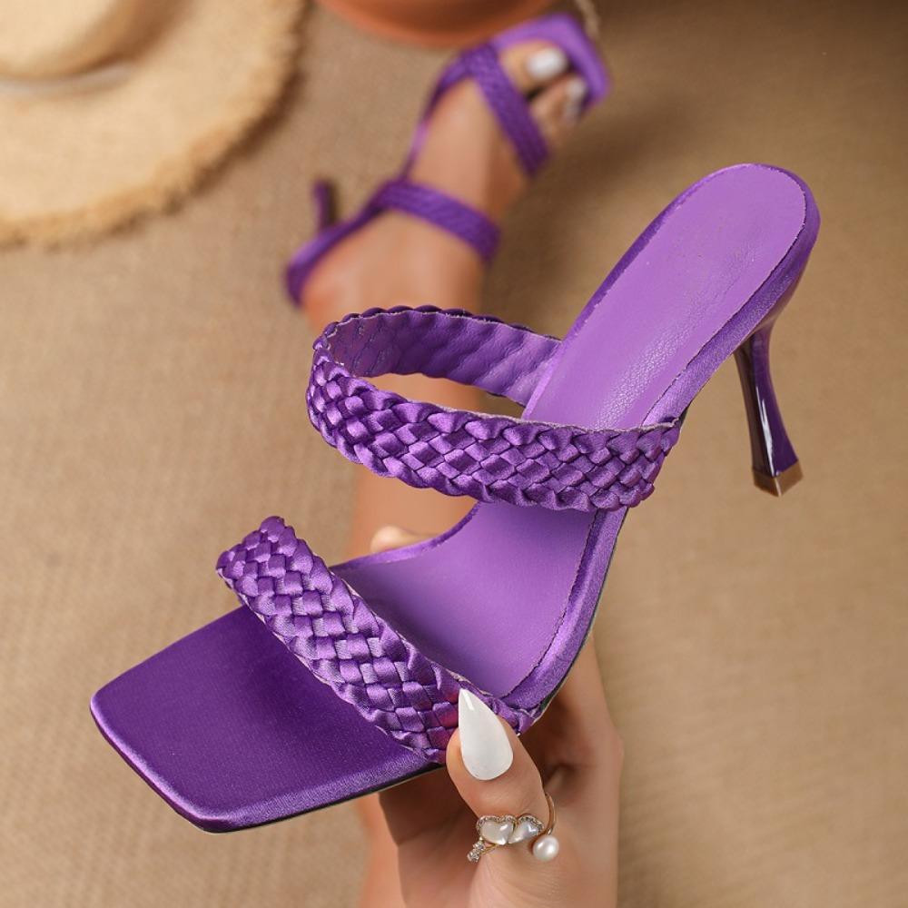 Eilyken Summer Satin Weave Square Toe Slippers Women Fashion Thin Heels Female Party Slide Shoes Zapatos Mujer