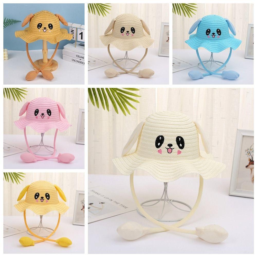 Sunscreen Bunny Sunshade Hat Ear Moving Children Straw Hat Rabbit Ear Sunshade Straw Hat  Party