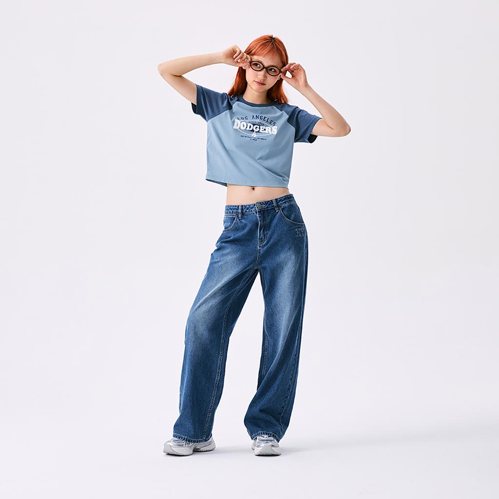 New MLB Preppy Style Collection Los Angeles Dodgers SS25 Raglan Sleeve T Shirt Women's Light Denim 3FTSV0853-07INL