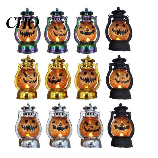 Small Size Pumpkin Lights Halloween Lantern Spooky Lamp with LED Candle Vintage Hanging Lanterns Decorative Light for Festive Party Porch Mantel