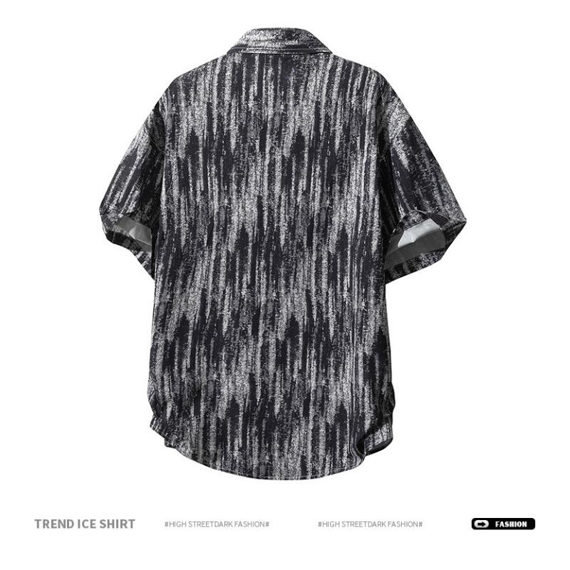 Men's Black White Abstract Stripe Print Short Sleeve Shirt - Oversized Casual Streetwear Summer Button Up