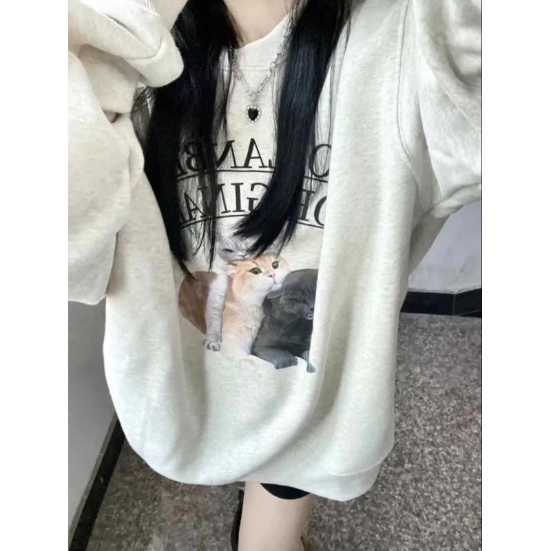 Silver Fox Velvet Pure Cotton Women's Retro Cat Print Sweatshirt - Round Neck, Loose Fit, Autumn Winter Casual Style.