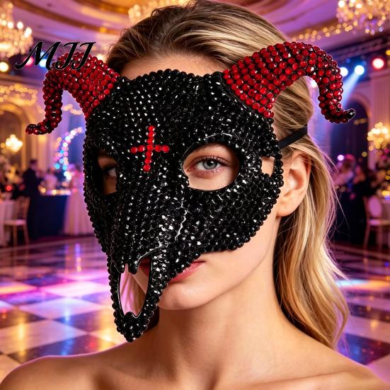 Full Face Rhinestone Mask Halloween Mask, Black White Skull Ram Horn Sparkling Masquerade Sparkly Crystal Glitter Party for Adults