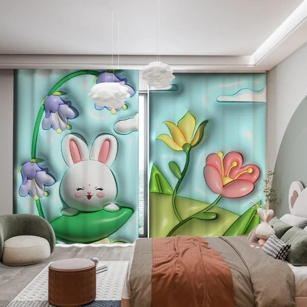 Cartoon Rabbit Clouds High Shading Curtain Fresh Ins 3D Children's Room Bedroom Bay Window Opening Living Room Blackout Curtains featuring Hook4