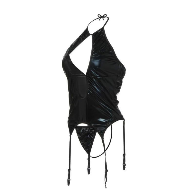 Black Hollow Lacquer Leather PU Outfit Sexy Lingerie Sexy Temptation Sling Bodysuit