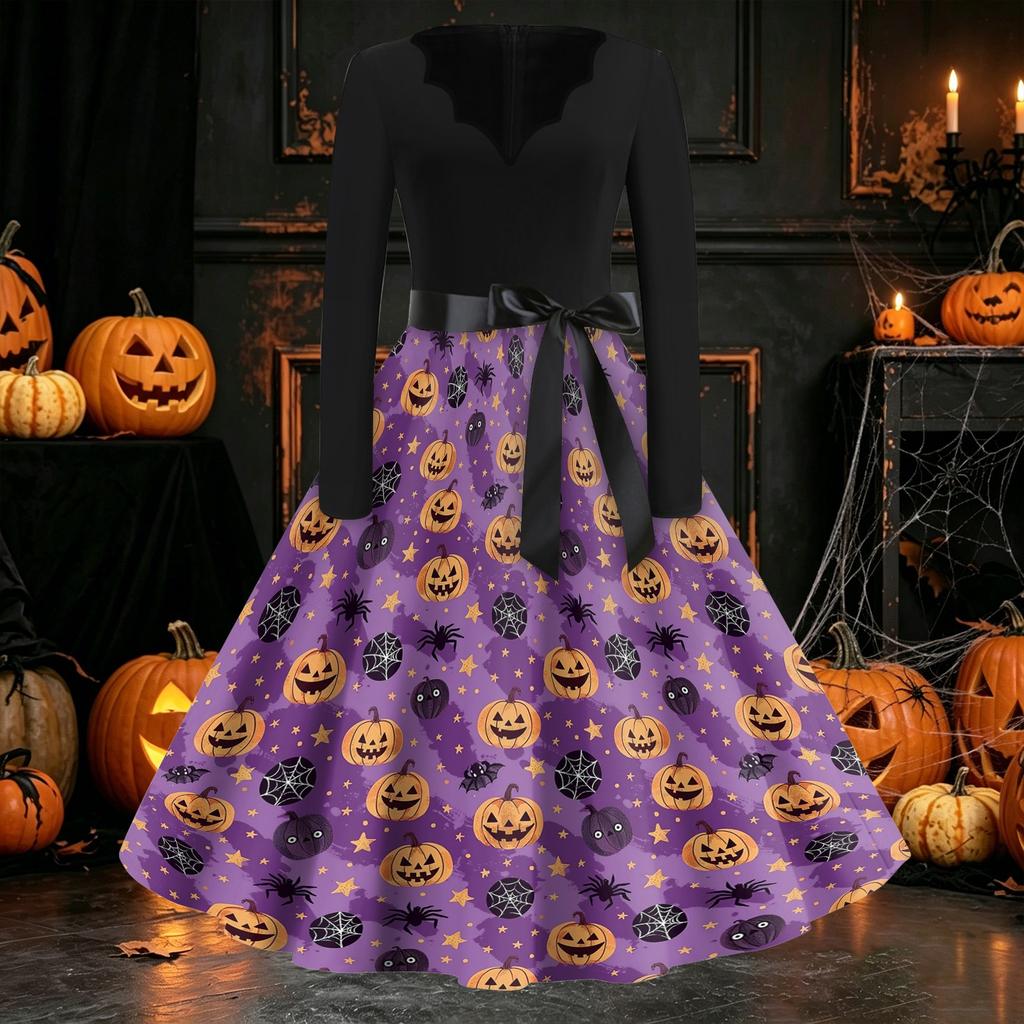 Women's Long Sleeve V Neck Vintage Style Dress with Halloween Print Casual Retro Fit and Flare Midi Dress with Waist Tie for Everyday Wear