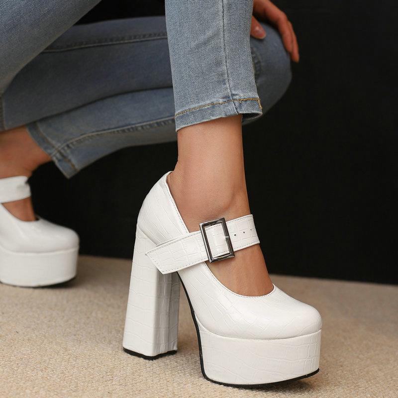 

Женские туфли Мэри Джейн на высоком каблуке, женские туфли-лодочки на платформе и массивном каблуке для вечеринок 47 белый