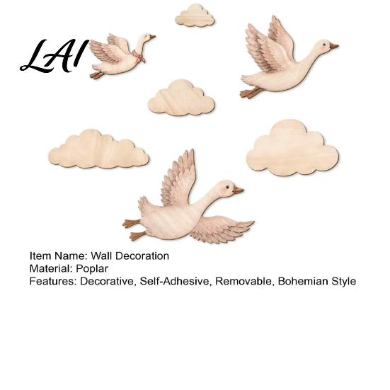 Flying Goose Wall Decals 7Pcs/Set Wooden Decor for Art and Cloud Nursery Self-Adhesive Bohemian Kids Room Background Decoration Bedroom Living Room