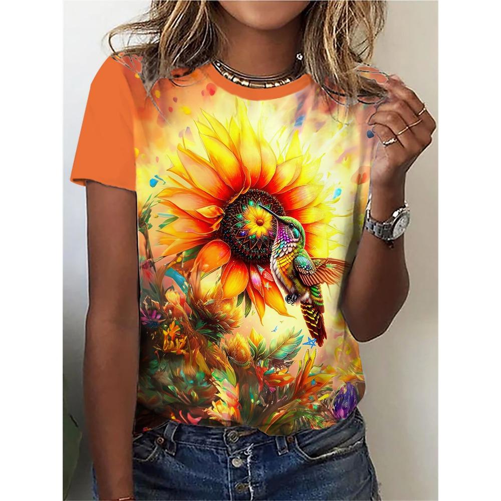 

Summer Flower Bird 3D Print Women Streetwear Harajuku Casual Fashion Y2k Short Sleeve O-neck Tops Clothing S