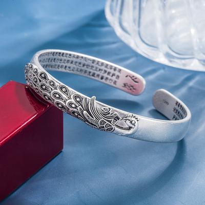 Retro Ethno-Stil Damen Offenes Armband Neues Pfauengeschnitztes Armband Altes Thai Silber Armband