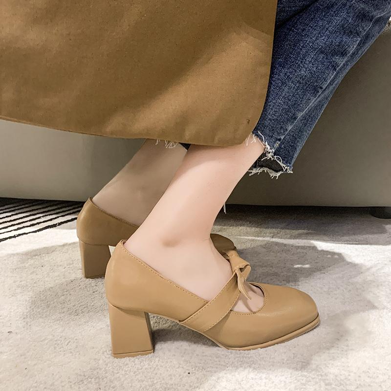 On Heeled with Bow Square Heels Japanese Style Lolita White High Mary Jane Gothic Shoes for Woman 2024 Women's Summer Footwear