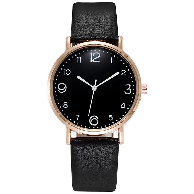 New Simple Vintage Digital Face Leather Belt Woman Watch Round Leisure Student Quartz Watchs Wear Matching Women's Wristwatch