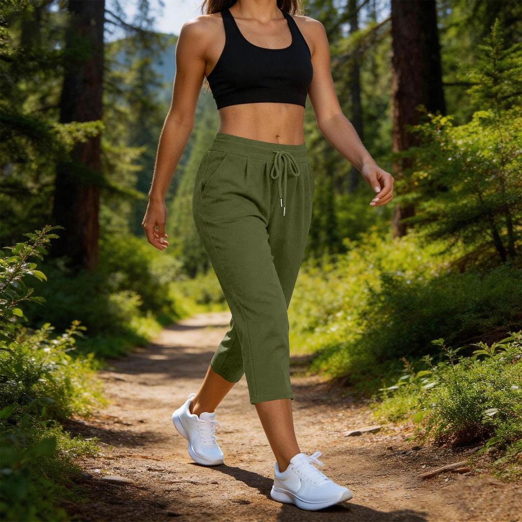 Women Drawstring Waist Capri Pants Soft Lightweight Cropped Lounge Pants with Pockets Relaxed Fit for Daily Wear