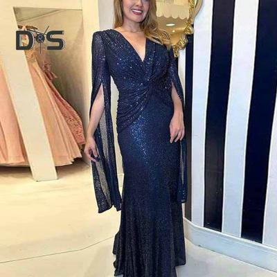 Women Evening Dress Split Sleeves Deep V Neck Shiny Sequin SLim Fit Tight Waist Knot Pleated Full Length Solid Color Lady Prom Banquet Maxi Dress