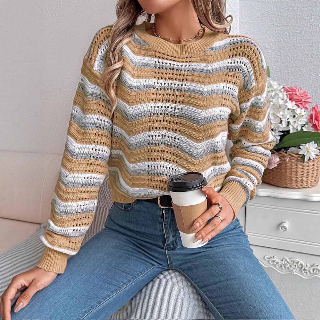 QICED Autumn and Winter Casual Hollowed-out Color-blocked Striped Lantern Long-sleeved Pullover Sweater Women's Wear