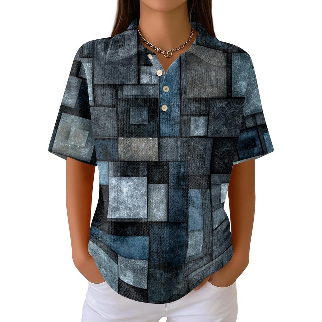 Womens Casual Short Sleeve Retro Floral Print Waffle Knit Polo Shirt Lightweight Button Down Top