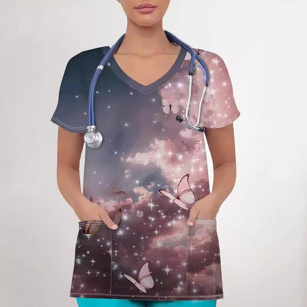 Romantic Pink Butterfly 3D Digital Print Women's Pocket V-neck Pullover Short Sleeved T-shirt Hospital Protective Apparel