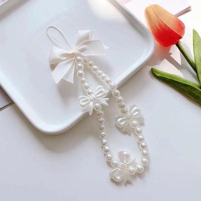 Korea Schattige Witte Strik Hart Parel Telefoonketting voor Vrouwen Meisjes Telefoon Kralen Lanyard Anti-Verlies Accessoires Auto Sieraden Cadeau