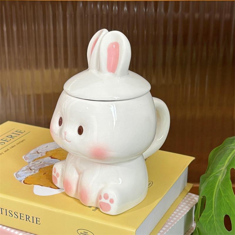 Cartoon Kaninchenförmige Keramiktasse mit Deckel Kaffee Milch Tasse Niedliche Paar Frühstückstasse Haushaltsgeschirr Valentinstagsgeschenk