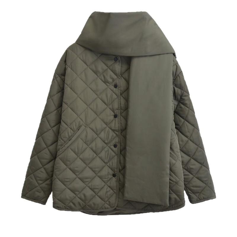 Womens Oversized Cotton Puffer Coat With Scarf Collar Solid Color Street Style Winter Jacket