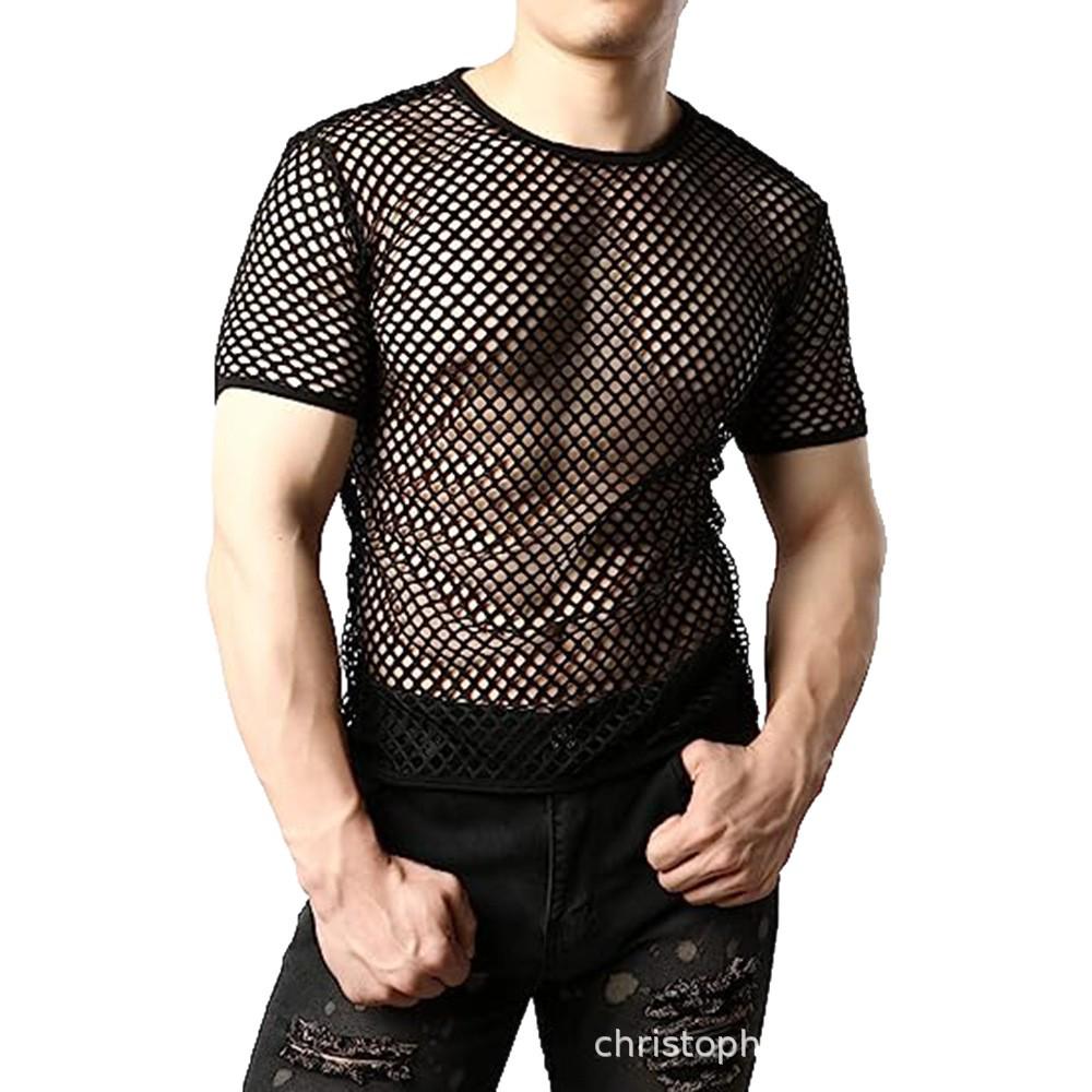 European Men's Fishnet Round Neck Short Sleeve Casual Loose Plus Size Top