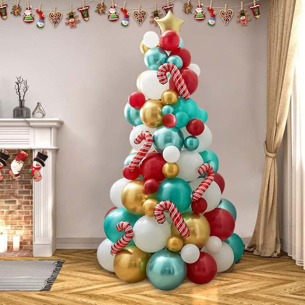 114pcs Christmas Tree Latex Aluminum Film Balloon Tree Set Red Cane Christmas Day Party Venue Decoration Set Party Decoration