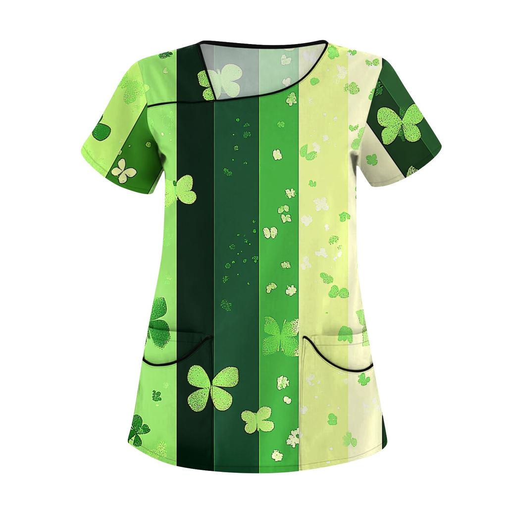 Haut de travail décontracté imprimé à manches courtes et col incliné pour femmes avec doubles poches