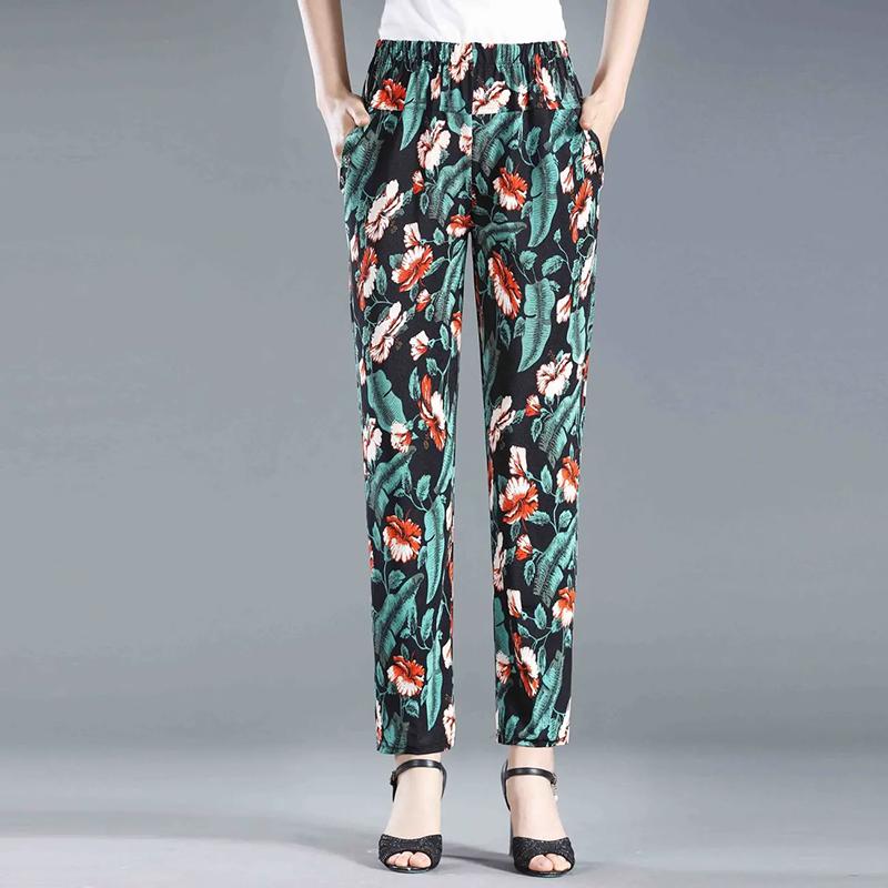 WTEMPO Elastic High Waist Thin Printed Women's Spring Summer Ice Silk Wide Leg Pants Mother's Loose Cropped Pants