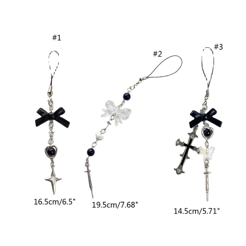 Telefon sjarmstropp nøkkelring Kawaii-søt nøkkelring lanyard streng svart cross-bue beaded kjede lanyard Y2K for kvinner jente