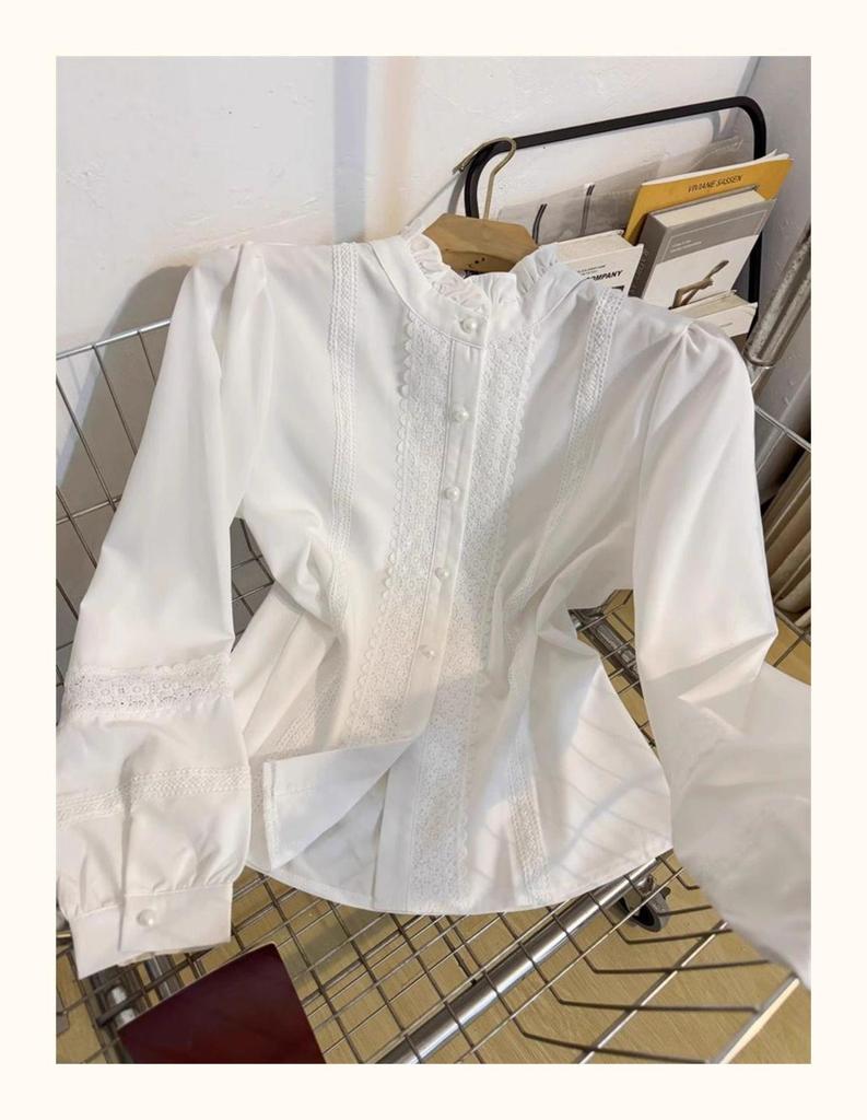 Women's White Lace Patchwork Stand-Up Collar Lantern Sleeve Blouse - Stylish Autumn 2025 Inner Wear
