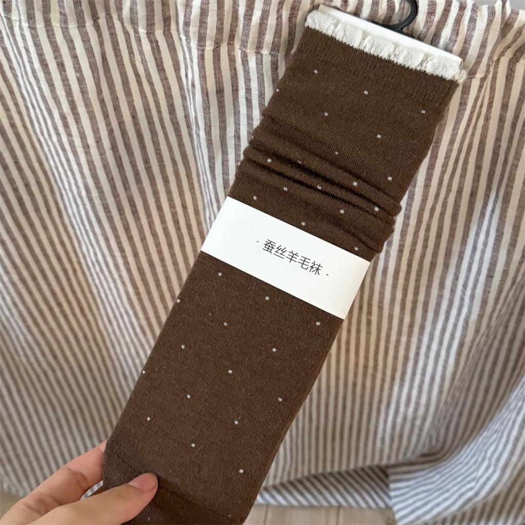 Polka Dot Silk and Wool Socks, Thick and Sweet for Autumn and Winter, Boneless Pile Socks for Girls, Mid-calf Socks