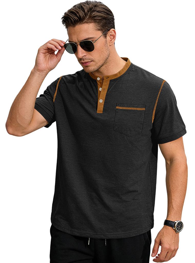 Mens Stand Collar Button Short Sleeve Business Casual Solid Polo Shirt