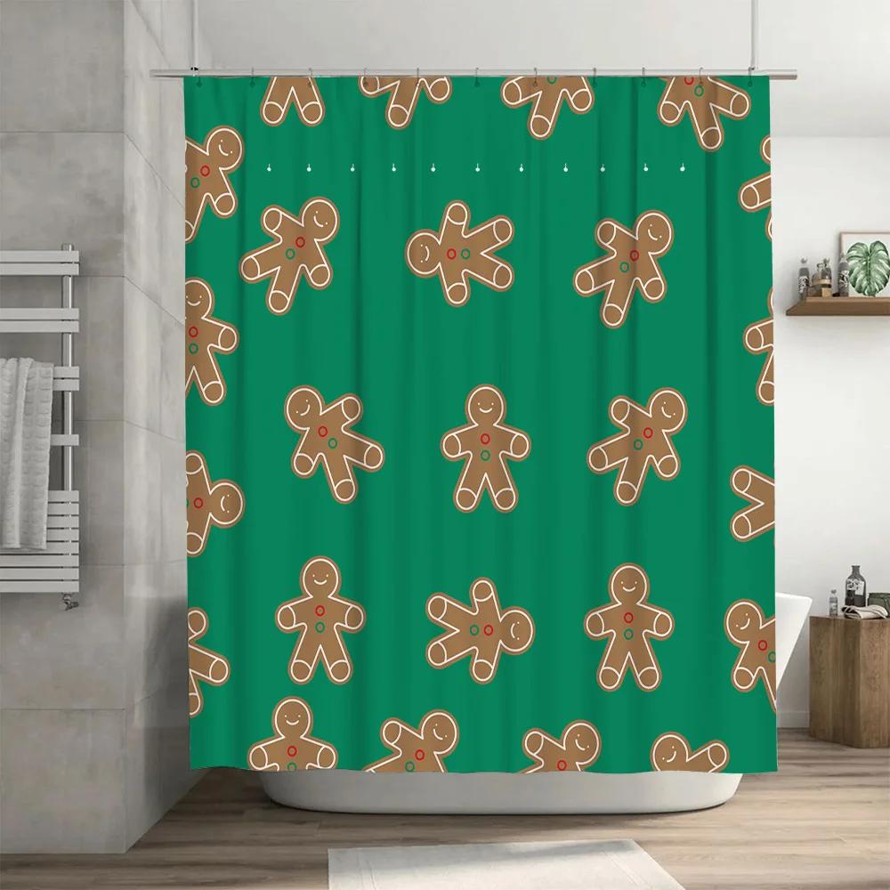 Green Waterproof Shower Curtain Christmas Gingerbread Man Pattern Decorative Bath Liner for Home Bathroom Accessories