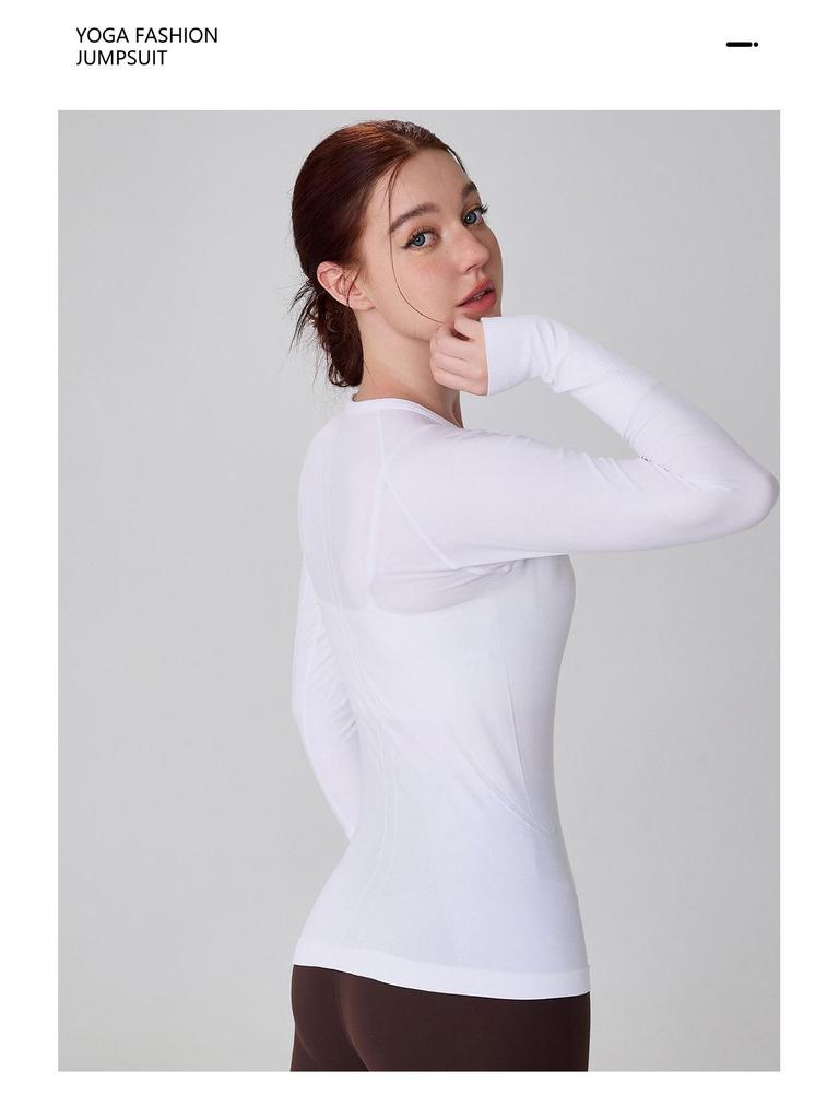 Women's Seamless Waist-Cinched Round Neck Long Sleeve Yoga Top: Breathable, High Elasticity, Shaping, Fitness Base Layer.