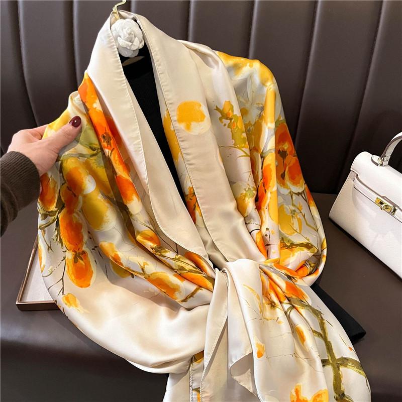 Vintage Green Lotus Print Silk Scarf Women Elegant Shawl Classic Outdoor Windproof Satin Head Wrap Travel Beach Towel 180*90Cm
