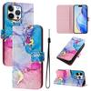 For iPhone 15 Pro Max Case Pattern Printing Wallet Phone Cover with Strap