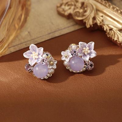 2025 Luxe Micro-Paved Purple Flower Stud Earrings for Beach Vacation Style