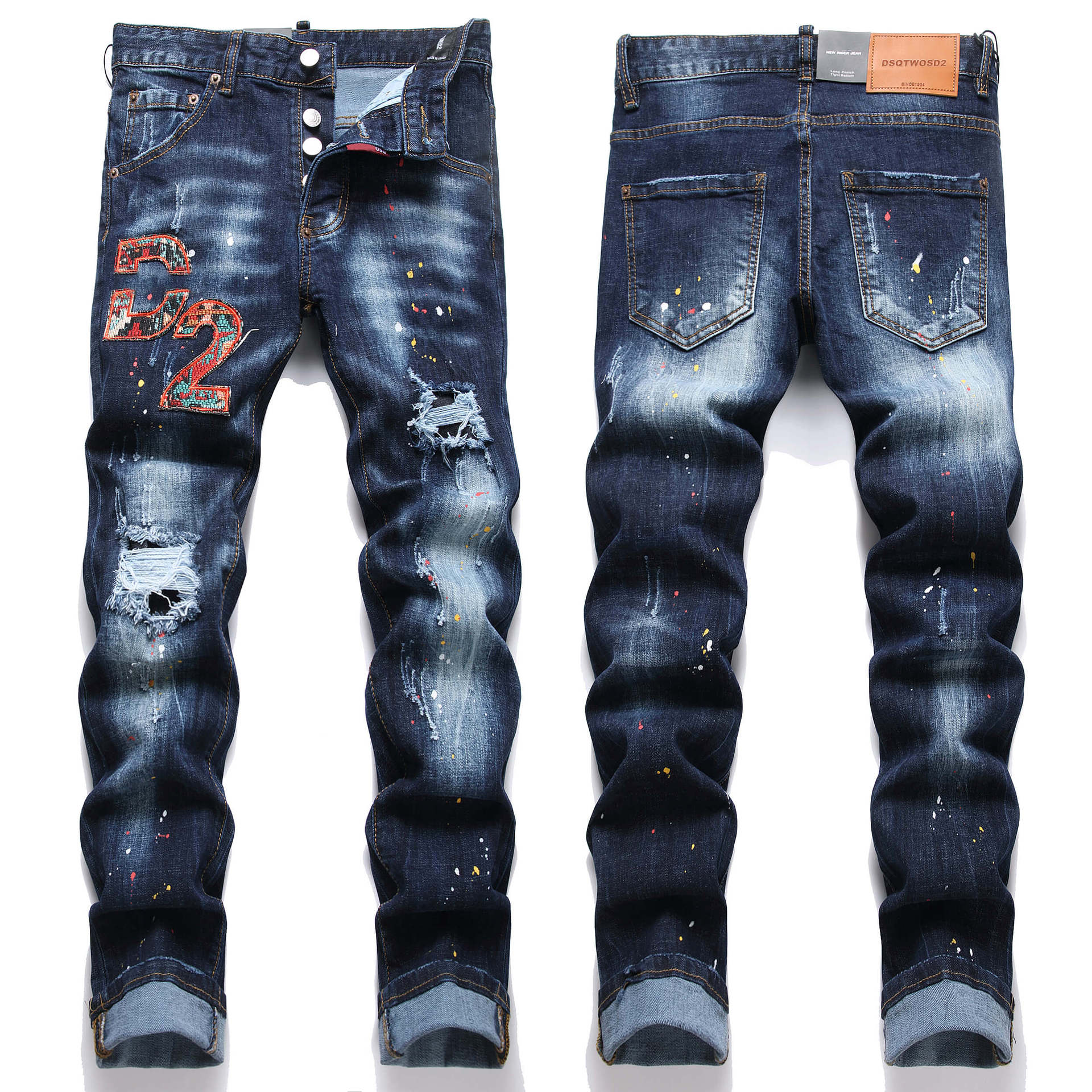 

Vintage Badge Distressed Washed Stretch Slim-fit Cropped Mens Denim Jeans D4015 30 індиго/синій