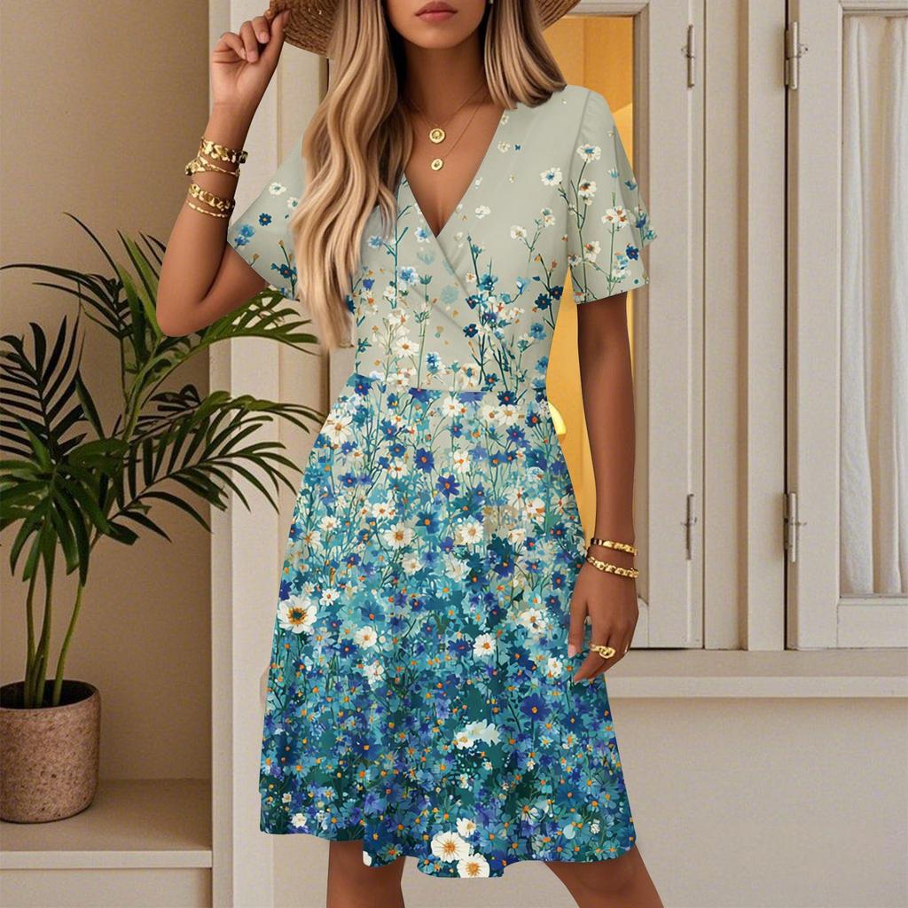 Women's Fashion Short Sleeve Wrap Sundress V-Neck Floral Print Dresses
