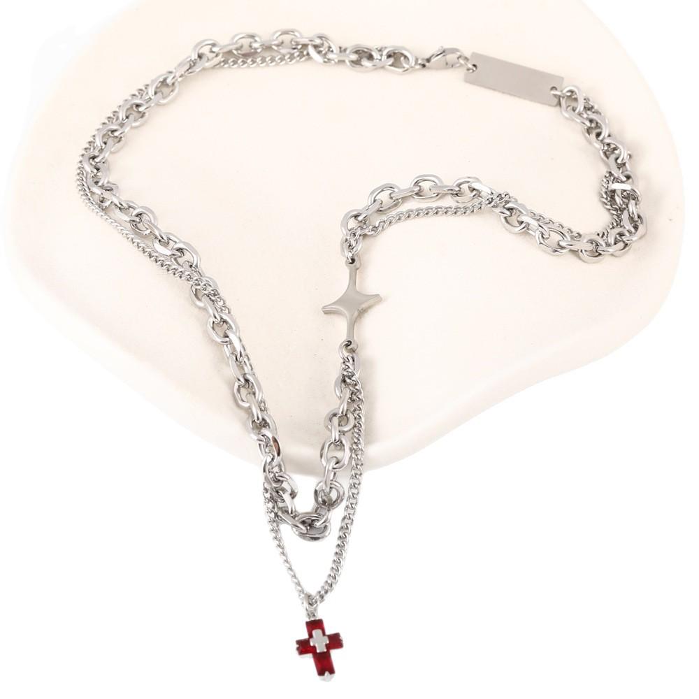 Men's Hip Hop Titanium Steel Multi-Layer Cuban Chain Necklace with Red Cross Pendant