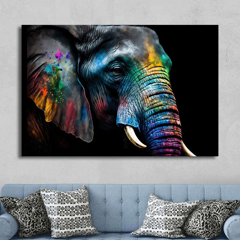 Ritratto Moderno Faccia di Elefante con Pittura su Tela con Pittura Colorata Poster di Elefanti Arte da Parete per Decorazione Soggiorno